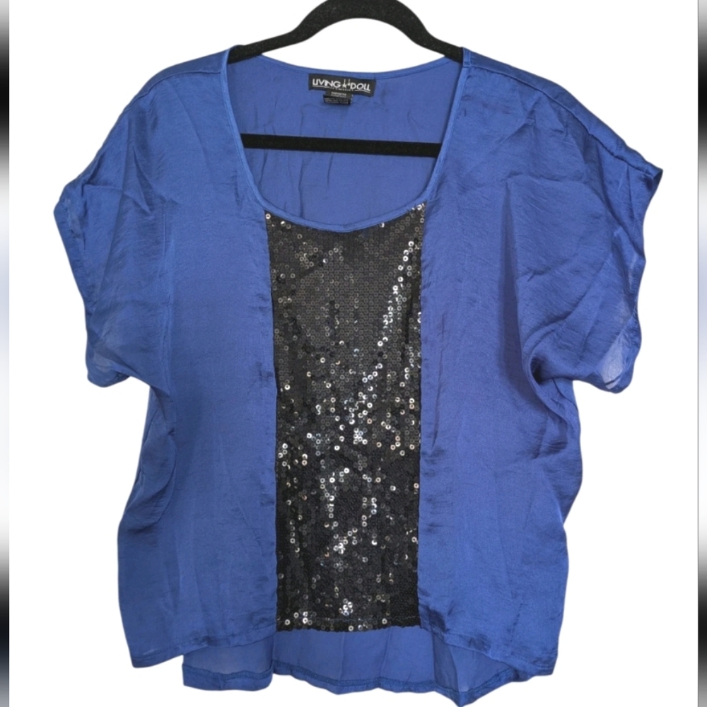 Living Doll Top Blue Sequin Top Hi Low Hem‎ Women's Size Medium